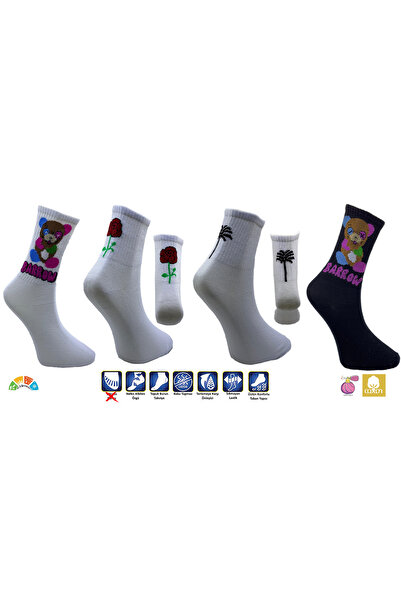 AKSU ÇORAP 4 قطع من جوارب تيدي بير باللونين الأبيض والأسود - جوارب رياضية نسا...