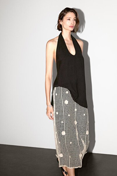 Massimo Dutti Çiçek işlemeli midi etek