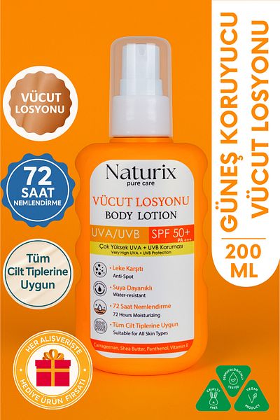 Naturix Body Lotion Spf 50 Pa |   Uva/Uvb Sun Protection, 72 Hour Moisture, Anti-Blemish Effect - 200ml