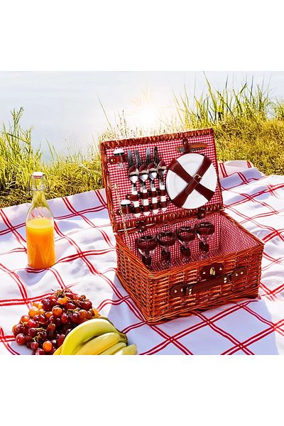 Perotti Cestino Italy 4-Person Wicker, Plaid Pattern Lined, Portable Picnic Basket with Accessory Basket