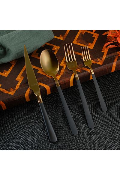 Aryıldız Fiore S Bronze - Black Knife and Spoon Set for 6 People 24 Pieces
