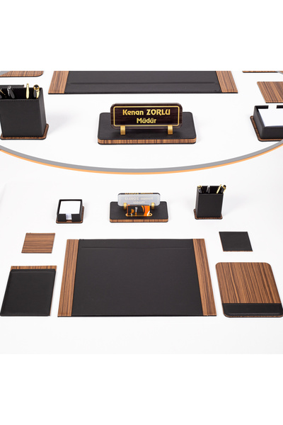 isimliksepeti Rio Ahşap Desenli Sümen Takımı Masa İsimliği Deri Sümen İsimlik
