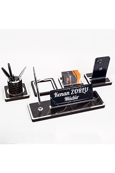 isimliksepeti Mermer Desenli 5 Parça Ahşap Masa İsimliği Gümüş Ofis İsimlik