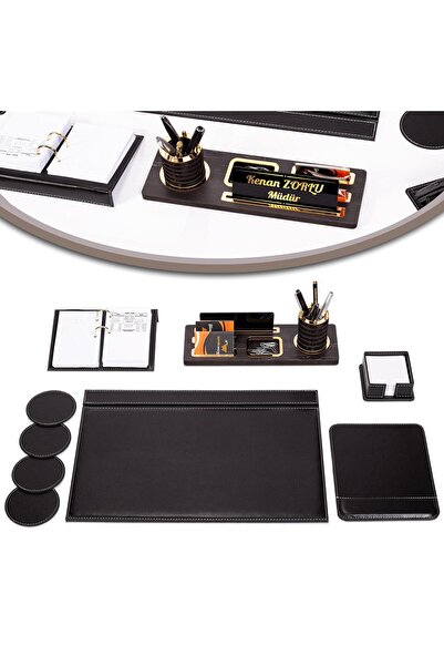isimliksepeti Atlas Deri Sümen Takımı Seti Masa Isimliği Hediye Ahşap Isimlik