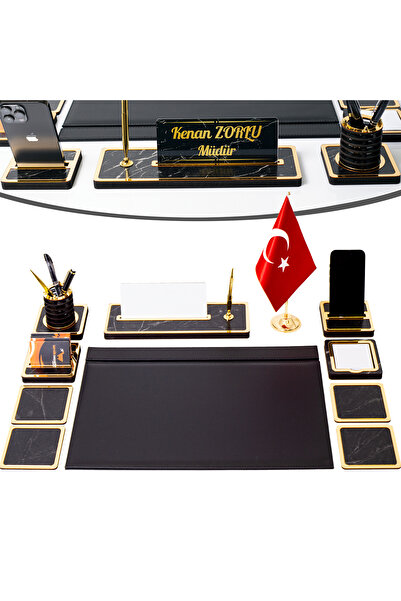 isimliksepeti 11 Parça Türk Bayraklı Mermer Desen Ahşap Sümen Takımı Masa İsimliği Deri Sümen Seti
