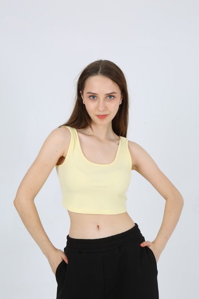 EDSA Sarı Basic Örme Kaşkorse Çift Omuz Kadın Crop Atlet