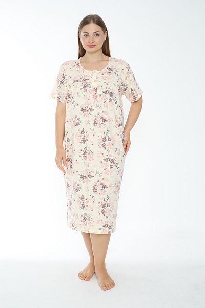 MİSS LOLİTA Women's Plus Size Flower Pattern 100% Cotton Short Sleeve Nightgown 530-B