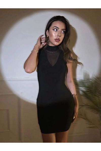 BÜŞRA TEZEL MODA Mini rochie fără mâneci cu gât țesut din tul pentru damă