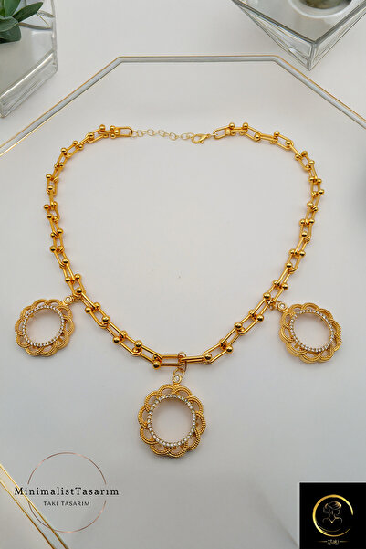 xtaki 3 çeyrekli kolye ,3 lü altın set , Çeyrek altın kolye, Çelik tifany zincir kolye, Çelik çeyreklik