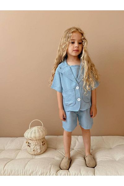 Yalçınoğlu Kids بدلة كتان مريحة I مجموعة بناتي صيفية مع شورت I بدلة صيفية بناتي 3 قطع