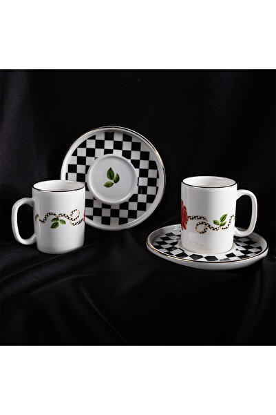 Aryıldız File Plaid Rose 4 Parça 2 Kişilik Kahve Fincan Takımı 90 ml