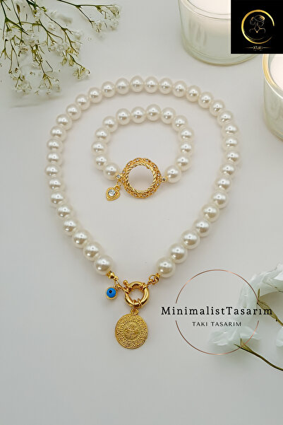 MinimalistTasarım İncili Çeyrekli bileklik, İncili Çeyrekli kolye, Gemici kil...