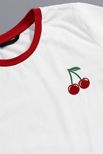 CLAYES Μπλουζάκι με στάμπα Cherry - Κόκκινο και άσπρο μπλουζάκι με κοντό μανίκι με λαιμόκοψη