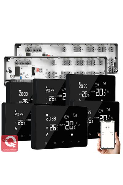 Quicksmart Kit Automatizare Incalzire Pardoseala Q10, Controler pardoseala 2x 8 zone, 6x Termostat cu fir Q10,