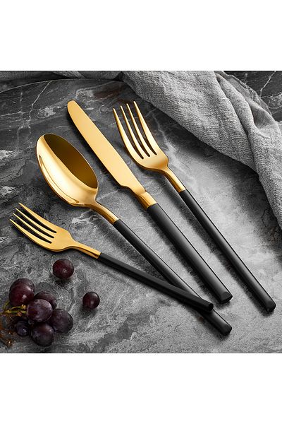 Aryıldız Soho Prestige Gold 24 Pieces Black Fork Spoon Knife Set for 6 Persons
