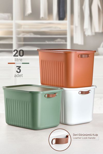 nouray Mega Boy 20Lt White-Tile-Green 3-Piece Multi-Purpose Organizer Box with Lid, Organizer