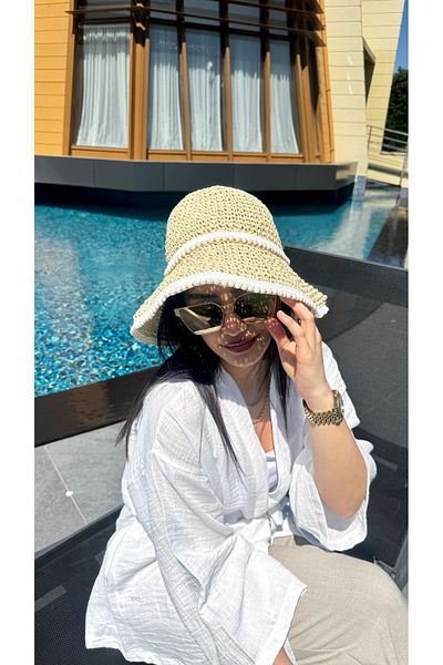Luminos Butik Beige Pearl Detailed Knitted Model Wide Brim Hand Knitted Summer Straw Hat Hsr2093