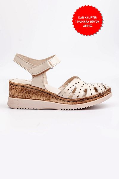 Melek Tuna Women's Genuine Leather Closed-Front Orthopedic Sandals, Wedge Heel Sandals