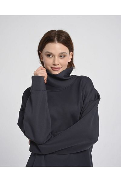 Monolou Scuba Sweatshirt Anthracite with Wrapped Back Stand Collar and Hidden Pocket