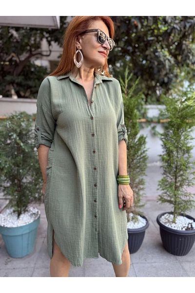 DenizEge Πουκάμισο Μουσελίνα Φόρεμα Χακί
