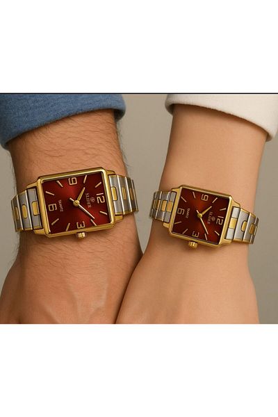style iconic SLIDER Red Dial Two-Tone Couple Watch Set – Gold & Silver Finish | Fade-Proof | 1-Year Guarantee