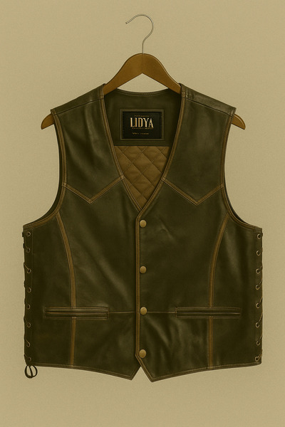 LİDYA DERİ Vintage Eskitme Motorcu Tarzı Hakiki Deri Yelek