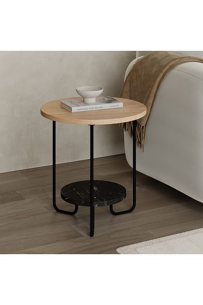 Mourah Home Corro Modern Side End Table Oak Black Marble Multipurpose