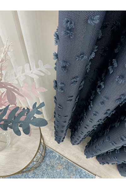 Brillant İndigo Mavi Renk Ponponlu Pufy Fon Perde 1/3 SIK Pile