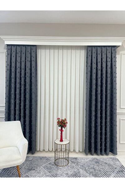 Brillant Dark Gray Color Pompom Pufy Background Curtain 1/3 Sik Pleat