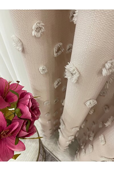 Brillant Beige Color Pompom Pufy Background Curtain 1/3 Sik Pleat