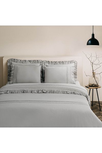 Ecocotton Adelya Double Duvet Cover Set 100% Organic Cotton Linen Brodeled Gray 200X220 cm