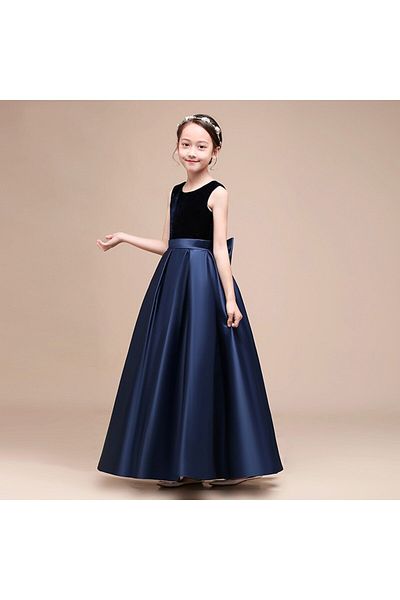 MadyaButik Girls Navy Blue Crew Neck Velvet Evening Dress Dress Skirt Satin Dress