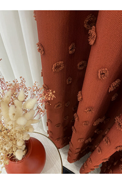 Brillant Brick Color Pompom Pufy Background Curtain 1/3 Sik Pleat