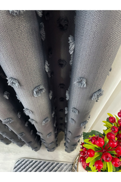 Brillant Dark Gray Color Pompom Pufy Background Curtain 1/3 Sik Pleat