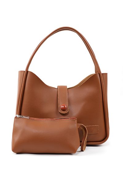 SHAKA Taba Shk79 Leather Button Detailed Hand and Shoulder Bag with Snap Fastener Makeup Bag E:30 L:22 W:10
