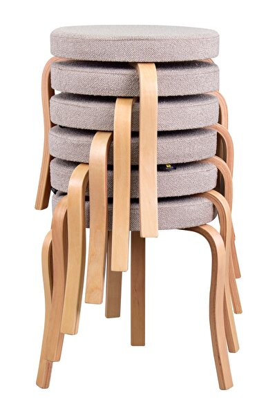 VİLİNZE Ege Teddy Kumaş Naturel Ahşap Ayak Istiflenebilir Mutfak-balkon Taburesi (6 ADET)