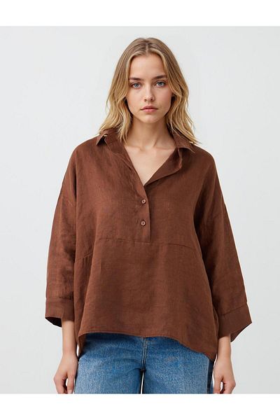 Jimmy Key Bitter Brown 100% Linen Relaxed Fit Three Quarter Sleeve Shirt Collar Blouse