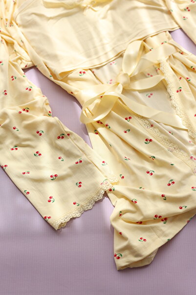 lovenel for love Croplu 3'lü Pijama Takımı Kiraz Desenli