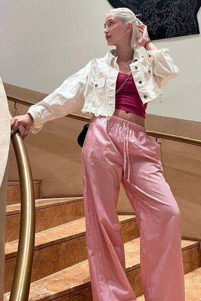 Madmext Fuchsia Adjustable Waist Wide Leg Flowy Striped Trousers Mg2087
