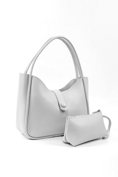 SHAKA Gray Shk79 Leather Button Detailed Hand and Shoulder Bag with Snap Fastener Makeup Bag E:30 L:22 W:10