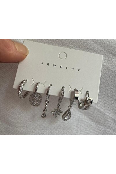 demirosa Set of 6 Silver Color Stone Minimal Hoop Earrings