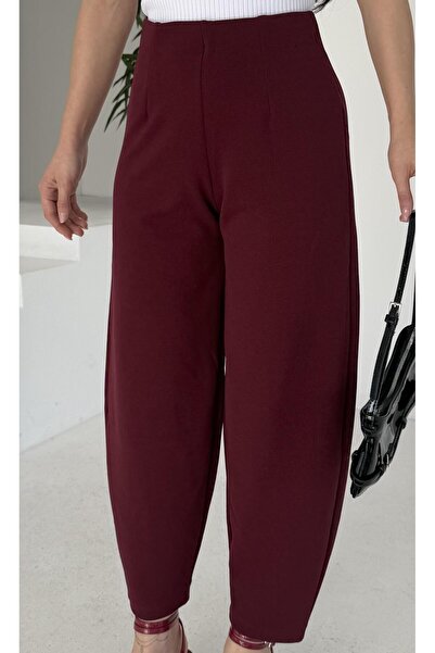 Paw Garage Kadın Bernis Bordo Balon Pantolon, Beli Lastikli Şalvar Model Krep Balon Pantolon Basen Gizleyen