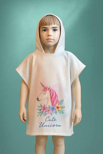 pistyle White Colored Flower Unicorn Patterned Poncho Beach Towel