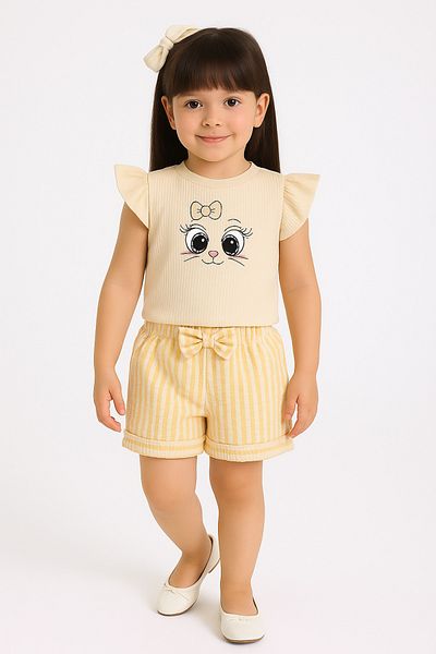 ESİLA KİDS Girl's Bow Shorts Suit Summer Cotton Cute Printed 2-Piece Suit2-5 Years