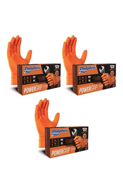 Dolphin Powergrıp Extra Thick Orange Nitrile Gloves (m) 50 Pieces X 3 Packs