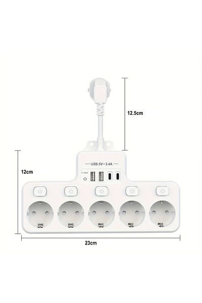 miraza Priza Multifunctionala, 5 X Prize 4000w, 2 X Usb-c Pd, 2 X Usb, Intrerupator Individual, Ignifuga