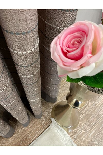 Brillant Jakarlı 1/3 Sık Pile Çizgili Düz Modern Pano Desen Fon Perde - Kahve...