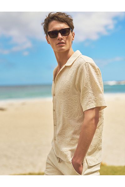 Koton Classic Collar Cotton Regular Fit Palm Embroidered Short Sleeve Textured Shirt