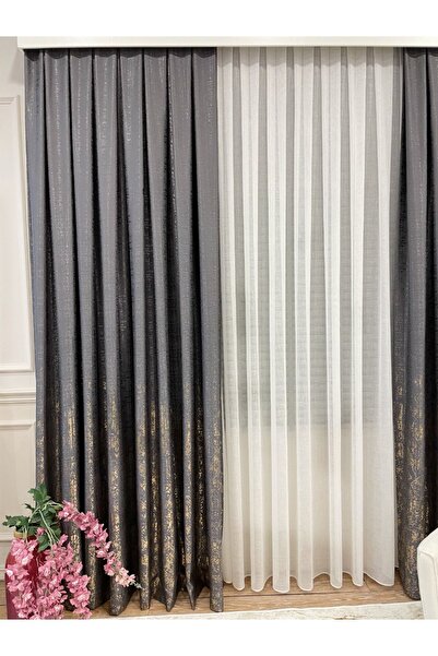 Brillant Jakar Zemin Varaklı Desen 1/3 Sık Pile Fon Perde - Gri - Altın Varaklı