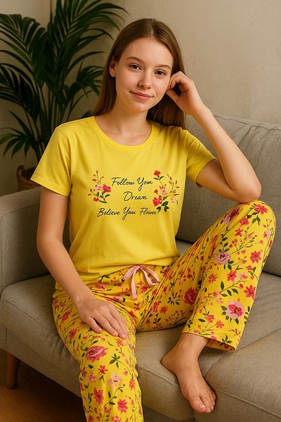 Aydoğan Women's Short Sleeve Yellow Viscose Pajamas Suit 240950